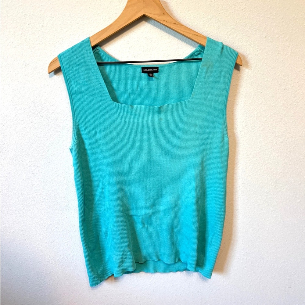 Madison Ribbed Knit Tank Top Womens Turquoise Square Neck Sleeveless XL